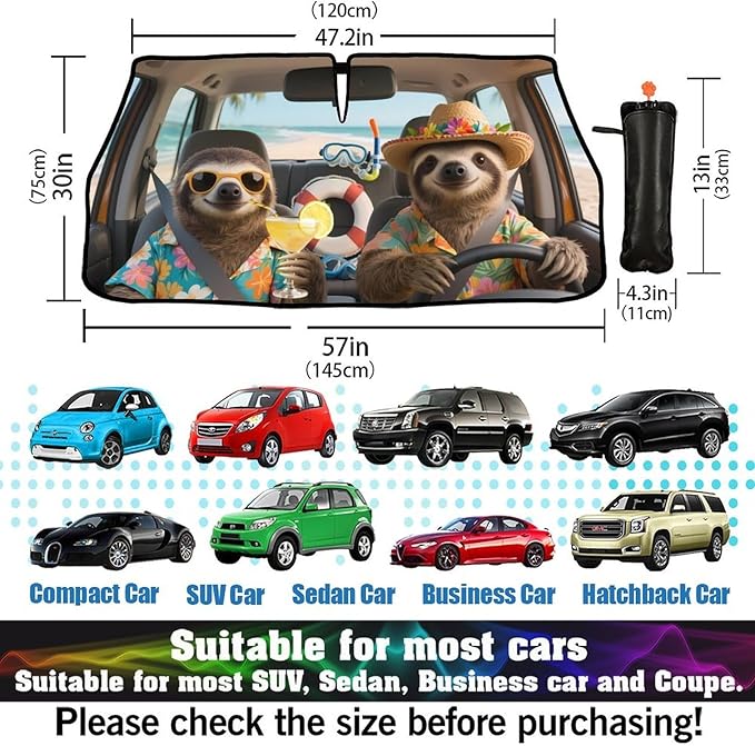 DOPINDU Funny Sloth Car Windshield Sun Shade Umbrella Bendable Handle Foldable Animal Print Sloth Sunshade for Car Windshield Block UV Rays Keep Vehicle Cool for Most Sedans SUV Trucks Cars 57"x30"