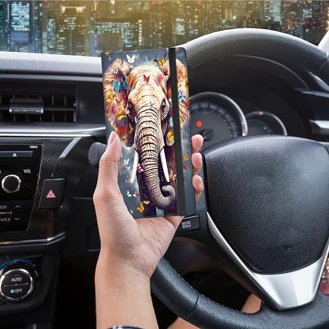 Car Registration and Insurance Holder,Leather Vehicle Glove Box Organizer Wallet for Document,Perfect for any Car,Truck,Motorcycle,Driver License,Trailer or Boat,Men & Women,Butterfly Elephant