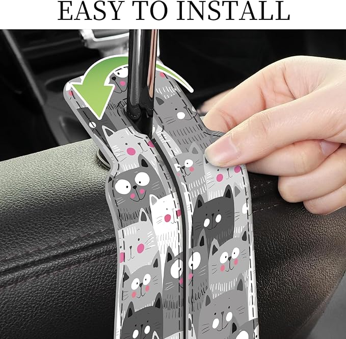 AXRQLSU PU Leather Car Seat Hook, Storage Headrest Hanger, Cute Car Backseat Organizer, Car Hooks For Purses and Bags Grey Cartoon Cats
