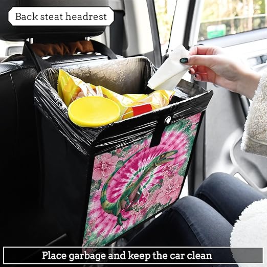 Car Trash Can Organizer Bin with Adjustable Strap for Back Front Seat Console Waterproof Leakproof Collapsible Portable 11 Inch Tie Dye Dinosaur Pink Green