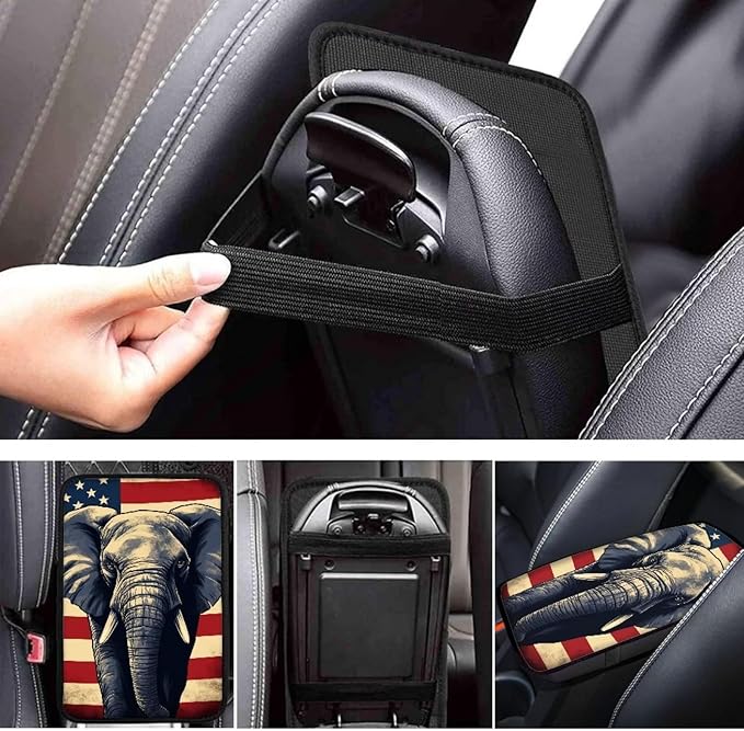 Car Center Console Pad, Universal Waterproof Car Armrest Seat Box Cover, Car Interior Accessories for Most Vehicle SUV Truck Vintage American Flag Elephant Car Armrest Pad