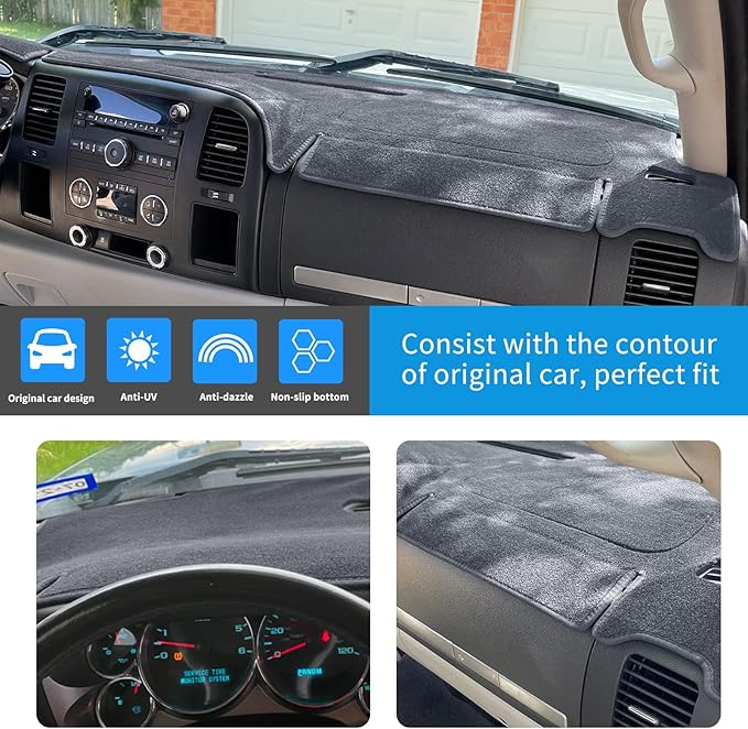 Dashboard Cover for GMC Sierra and Chevrolet Silverado- Fits 2007-2013 Models with Two Glove Boxes. Custom Fit Dash Mat, Won't Break Dash Sensors(Premium Carpet, Gray)
