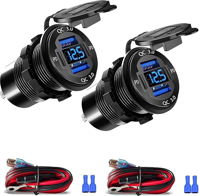 Upgraded 12V USB Charger with 4 Ports - Aluminum Alloy Car Outlet with LED Voltmeter for Cars, Golf Carts, Boats, RVs, Trucks, and Motorcycles (Pack of 2)