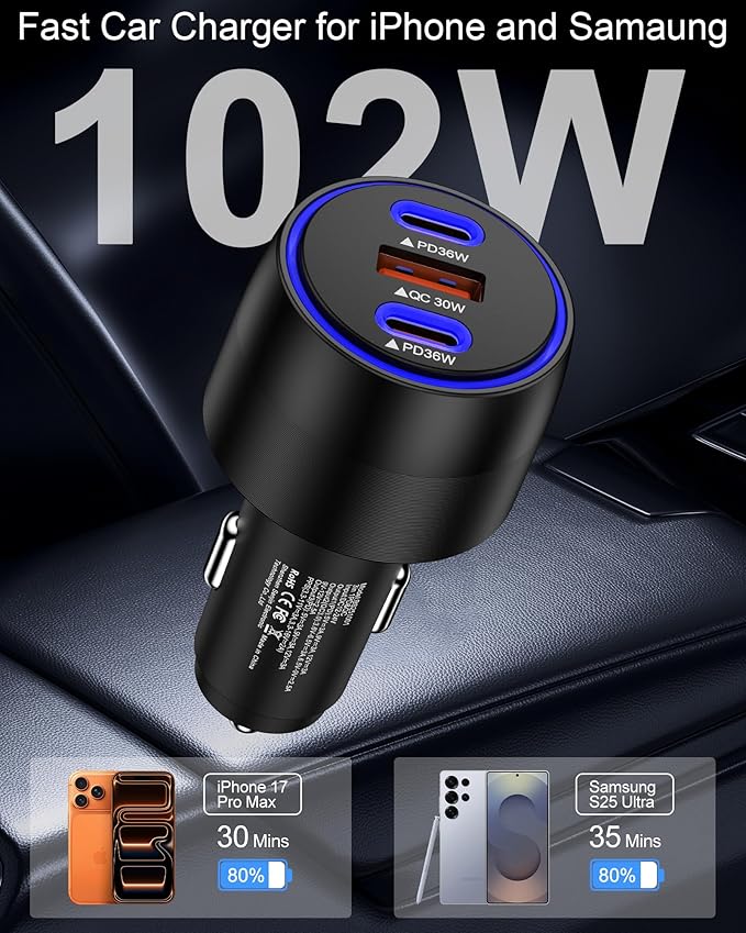 USB C Car Charger, 3-Port Super Fast Charging Cigarette Lighter Adapter for iPhone 17 Pro/Air/16/15/14/13/iPad, USBA & USBC Multiport Car Phone Charger Accessories for Samsung S25/S24 FE/S23/S22/A17