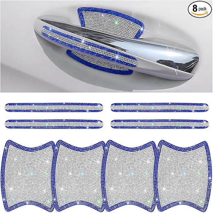 Mandark 8PCS Bling Car Door Handle Protector, Crystal Rhinestone Vehicle Door Bowl Protective Sticker, Glitter Anti-Scratch Auto Decor Decals Accessories, Universal for SUV, Sedan, Truck (Blue/White)