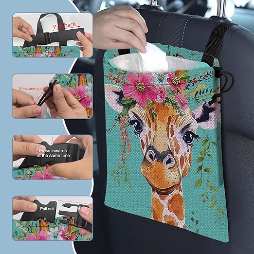 Watercolor Giraffe Car Trash Bag,Giraffe Wear Floral Crown Strap Drawstring Car Garbage Bags,Car Back Seat Organizer with Adjustable Buckle for Car Accessories