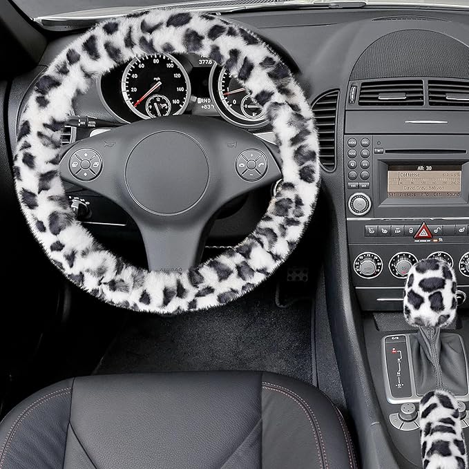Accmor Fuzzy Car Steering Wheel Cover, Universal Fit Fur Auto Wheel Cover & Handbrake Cover & Gear Shift Cover Set, Leopard Winter Warm Fluffy Vehicle Wheel Protector Car Accessories for Men Women