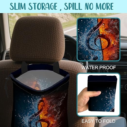KXWQTRDD Car Trash Bag Music Note in Fire and Water Leak-Proof Waterproof Car Garbage Bag with Drawstring Foldable Canvas Trash Bin with Adjustable Buckle for Car Accessories, Travelling, Camping