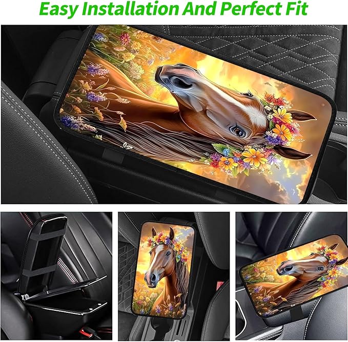 JANENFNA Car Armrest Cover Pads Universal Fashion Cute Auto Center Console Armrest Cover Pad with 2PCS Car Coasters Soft Waterproof Car Armrest Seat Protector for Women,Sunset Flower Horse