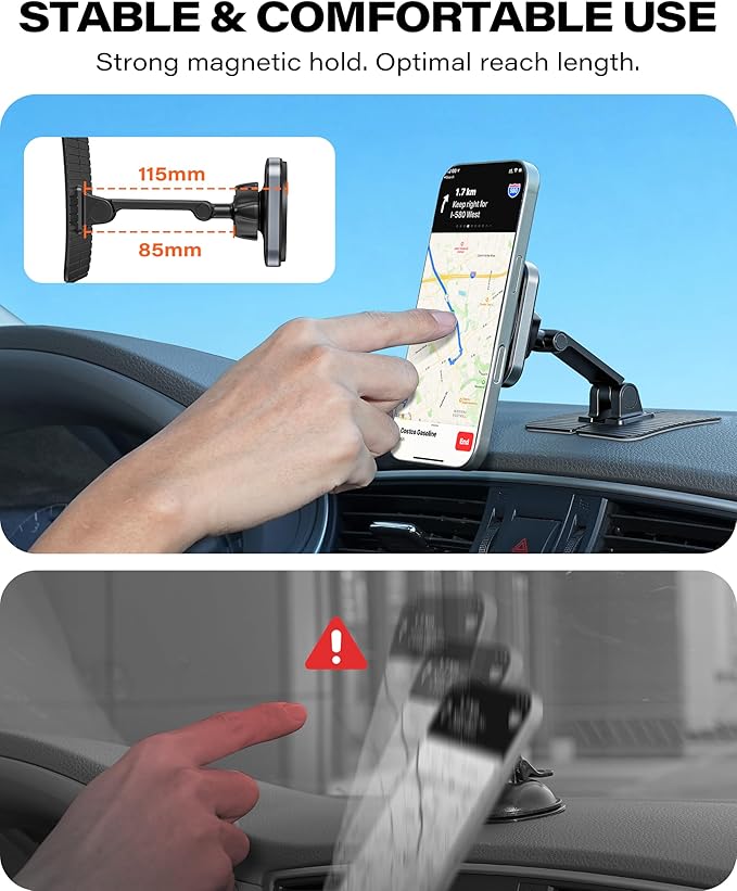 APPS2Car Magnetic Phone Holder for Car, 360° Adjustable Car Cell Phone Holder Mount with Large Adhesive Base, Fits Flat & Curved Dashboards, Compatible with Magsafe iPhone, Samsung, Smartphones