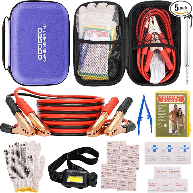 Car Roadside Emergency Kit with Battery Jumper Cables,Car Accessories for Men or Women,Automotive Safety Kit for Car,Vehicle, Truck or SUV,Gifts for Men or Him, Purple