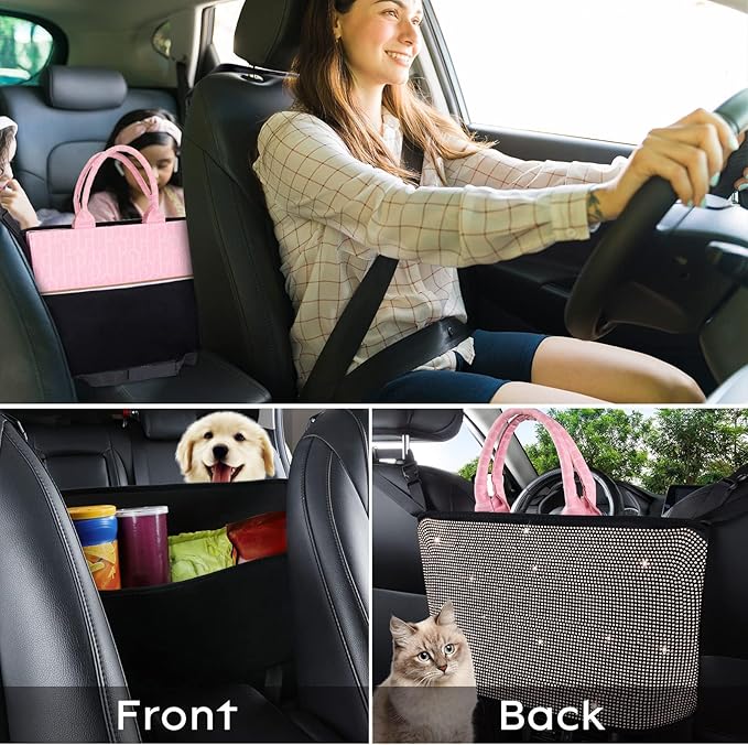 eing Crystal Car Organizers and Storage Purse Holder, Car Seat Back Net Handbag Accessories with Bling Diamonds for Women, Car Pet Barrier for Dogs and Kids, Gold