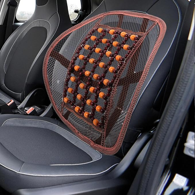Car Seat Cushion Lumbar Support Pillow with Wood Beads and Ventilated Backrest, Breathable Car Waist Cushion for Driving, Office Chair, and Long Sitting