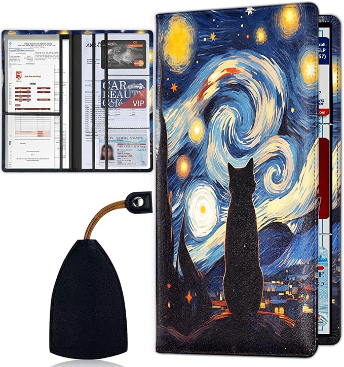 Car Registration Holder, Waterproof PU Leather Vehicle Card Document Glove Box Organizer, Women Interior Auto Accessories Case for Cards, Driver License Car Insurance Holder, Cat Night Starry Art