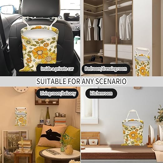 AUEKLLW Car Trash Can, Hanging Garbage Bin for Men and Women, Cute Car Organizer and Storage Bag, Canvas Vehicle Trash Can Bag Easy-to-Install Boho Yellow Flowers