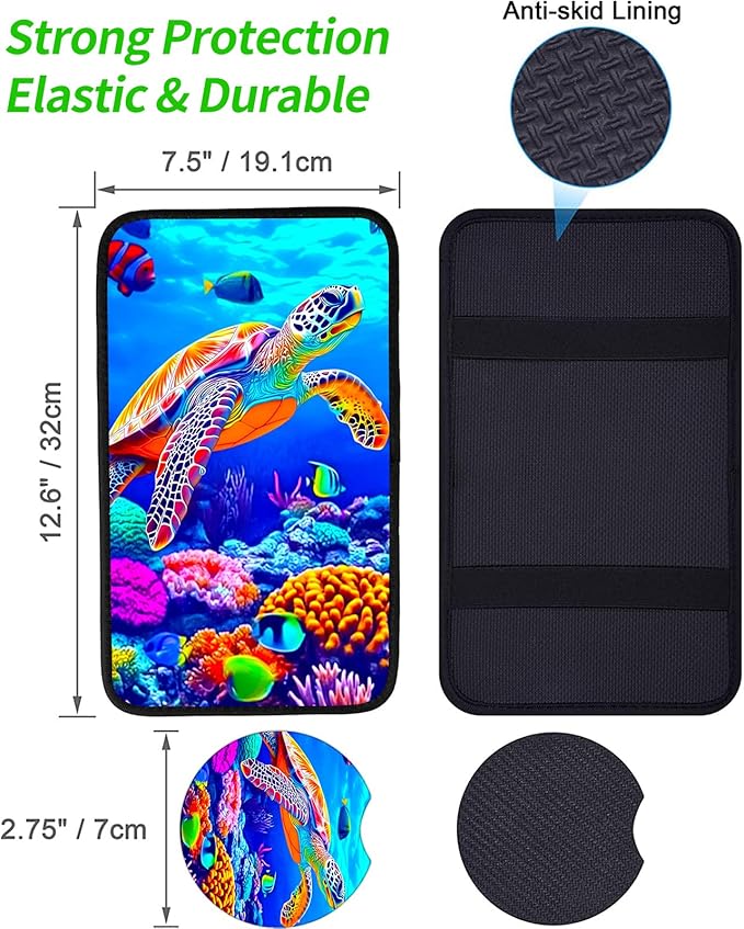 JANENFNA Car Armrest Cover Pads Universal Fashion Cute Auto Center Console Armrest Cover Pad with 2PCS Car Coasters Soft Waterproof Car Armrest Seat Protector for Women,Colorful Turtles in Sea
