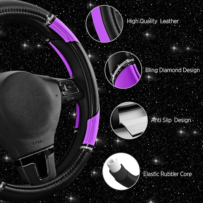 Road Comforts Leather Steering Wheel Cover - Made with PVC Leather - Anti-Slip, Universal Fit 14 1/2 inches to 15 inches - Purple