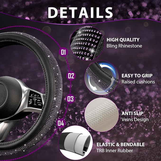 CAR PASS Bling Purple Diamond Leather Steering Wheel Cover, Sparkly Crystal Glitter Rhinestones Universal Fit 14" 1/2-15" Car Steering Wheel Protector for Women Girl Fit SUV,Van,Sedan,Truck, Purple
