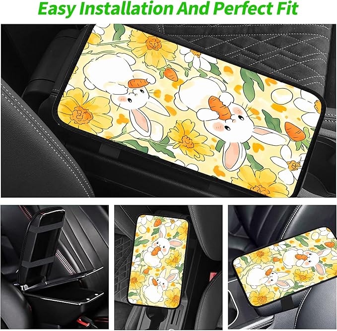 JANENFNA Car Armrest Cover Pads Universal Fashion Cute Auto Center Console Armrest Cover Pad with 2PCS Car Coasters Soft Waterproof Car Armrest Seat Protector for Women,Cute Rabbit