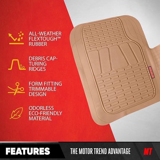 BDK Motor Trend WingRunner Heavy Duty Rubber Rear Floor Mat Liner, Trim-to-Fit Back Row Non-Slip All Weather Interior Protection Universal Fit Trucks Cars Sedans SUVs, Fits 2nd or 3rd Row - Beige