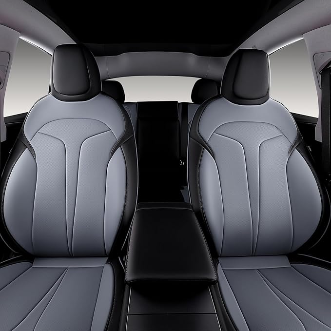 OURPLOT Custom Fit Seat Covers for 2025 2026 Tesla Model Y Juniper (5-Seater), Waterproof Breathable Nappa Leather, OEM Factory Style Full Set Car Seat Protectors Airbag Compatible - Black+Grey