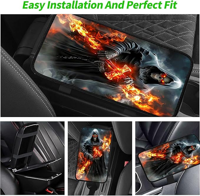 JANENFNA Car Armrest Cover Pads Universal Fashion Cute Auto Center Console Armrest Cover Pad with 2PCS Car Coasters Soft Waterproof Car Armrest Seat Protector for Women,Grim Reaper Flame Cross