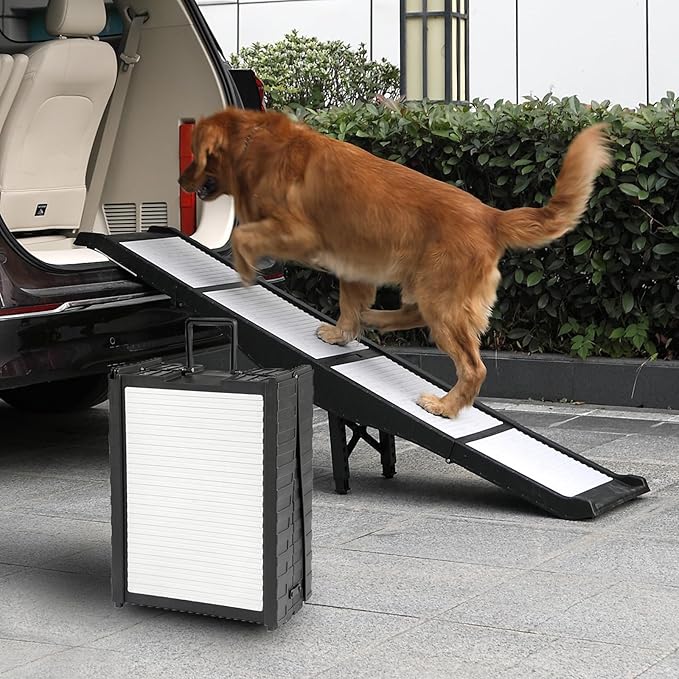 BAQTALE Foldable Dog Ramp for Cars 8 Adjustable Heights with Support Leg, Non-Slip Surface, Portable Pet Ramp for Small, Medium & Large Dogs up to 220lb, Carry-on Size Outdoor Ramp