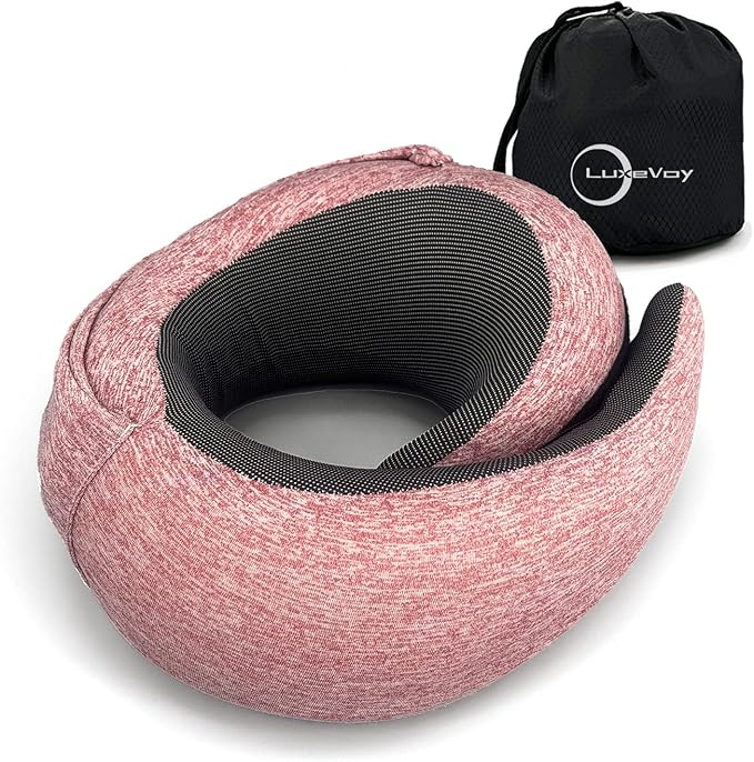 LuxeVoy 2025 Travel Neck Pillow with Stowable Hood,Ergonomic Neck Pillow Airplane,Premium Memory Foam,360º Contoured Design,Washable Cover,Complete Travel Set,for Flight,Car and Office (Pink)