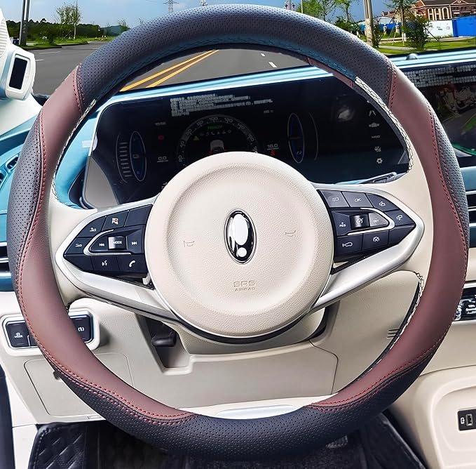 Universal Car Microfiber Leather Steering Wheel Cover Anti-Slip for 14.5"-15" (Black-Brown)