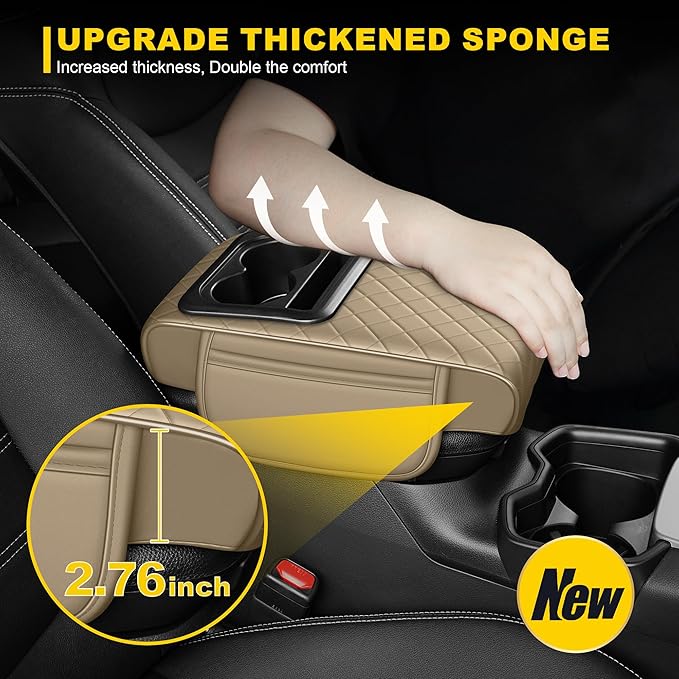 Center Console Cover for CTS: Armrest Cover for Car with 2 Storage Bags - Waterproof Leather Center Console Cover with Cup Holder for Car,Anti-Scratch Auto Armrest Pad Accessory （Beige