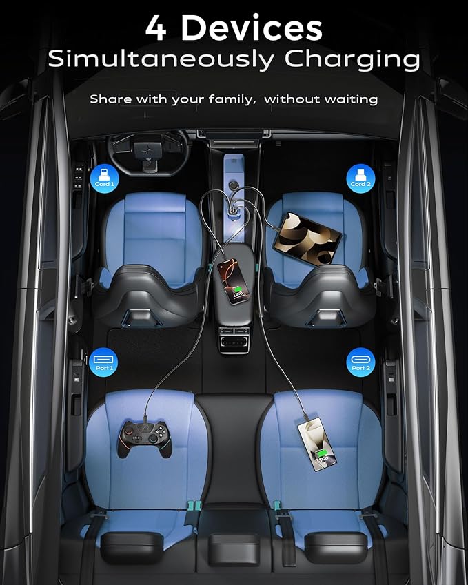 Car Charger, iPhone Fast USB C Phone Car Charger, Cigarette Lighter Adapter with 2 Cables 30 Inch and 2 USB Ports, Retractable 4 in 1Multi Port USB Car Charging for iPhone 17/16/15/14/13/Pro Max-Blue