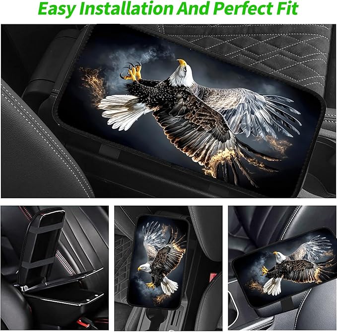 JANENFNA Car Armrest Cover Pads Universal Fashion Cute Auto Center Console Armrest Cover Pad with 2PCS Car Coasters Soft Waterproof Car Armrest Seat Protector for Women,Flaming Eagle