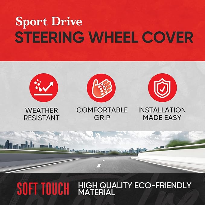 Motor Trend GripDrive Faux Black Leather Steering Wheel Cover for Car Truck Van SUV, Standard 15 inch Size, Solid Black Stitched Car Steering Wheel Cover Vehicle & Auto Accessories