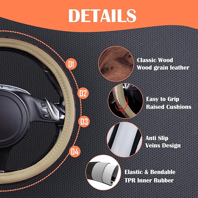 CAR PASS Wood Grain 14.5-15 inch Microfiber Leather Steering Wheel Cover, Anti-Slip Veins Design Steering Wheel Universal Fit for Most Cars, Sedans, SUVs, MiniVans, Small Trusks, Beige