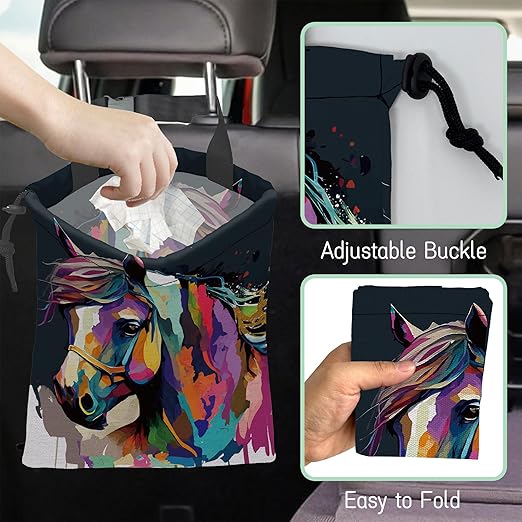 NHNXHWIA Colorful Horse Car Garbage Bag,Pop Art Horse Waterproof Small Car Trash Bag Hanging Back of Seat,Drawstring Hanging Car Trash Bag with Adjustable Buckle for Car Accessories