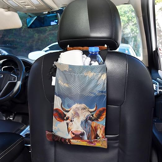ALAZA Hanging Car Trash Bags Garbage Bag Trash Can for Back Seat Small Cow Cattle 2 Washable Storage Bag Retractable 2 Pack