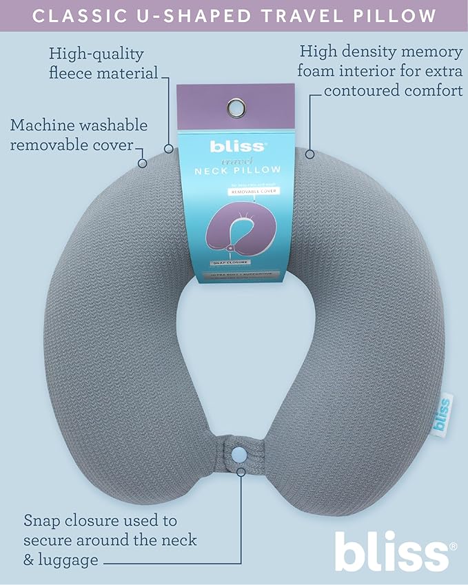 Bliss Neck Pillow - Lightweight U-Shaped Memory Foam Travel Neck Pillow with Snap Closure for Airplanes, Traveling, Offices, Cars, Grey Sweater Knit