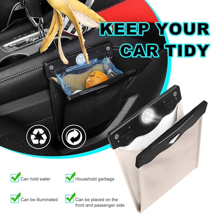 Car Hanging Trash Can, Magnetic Closure LED Light Auto Trash Bag Storage Pocket, Collapsible Waterproof Leather Hanging Trash Can with Disposable Trash Bag, Car Accessories (Beige)