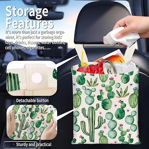 BEAKND Hanging Car Garbage Bag, Cute Car Trash Can Bag, Automotive Accessories for Women Men Cute Green Cactus