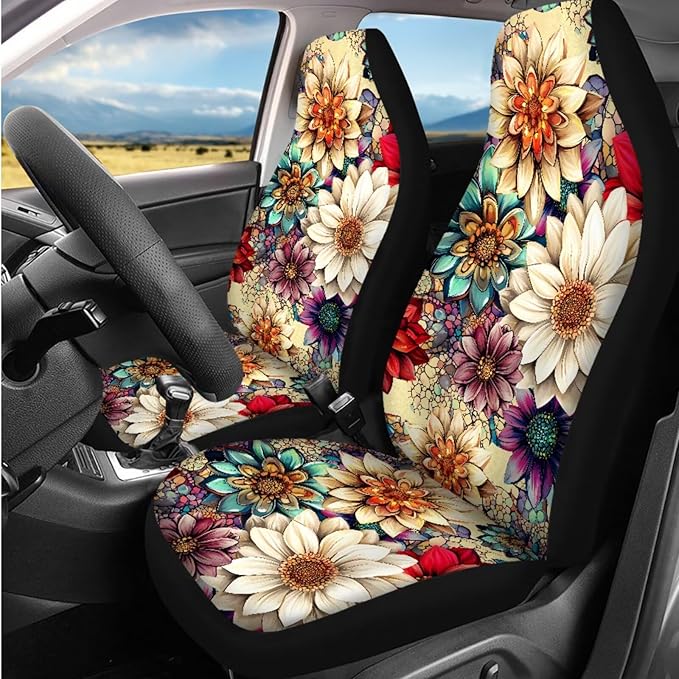 Dngkaoje 13 Pieces Blossom Lotus Car Accessories Full Set Boho Flower Car Seat Covers Set Steering Wheel Covers Automotive Garbage Cans Organizer,Cup Holder,Armrest Pads,Fit for Most Truck SUV