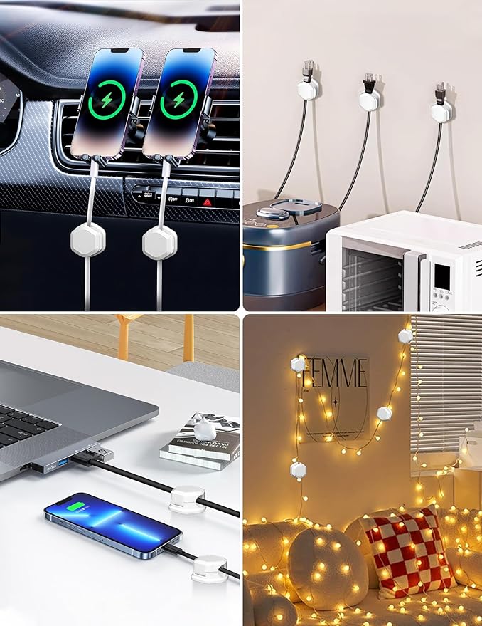 12Pack Magnetic Cable Clips - Cord Holder - Cord Organizer for Desk - Magnetic Cord Organizer, Adhesive Wire Holder Keeper Organizer for Desk, Nightstand, Phone Charger, Computer, Home, Office, Car