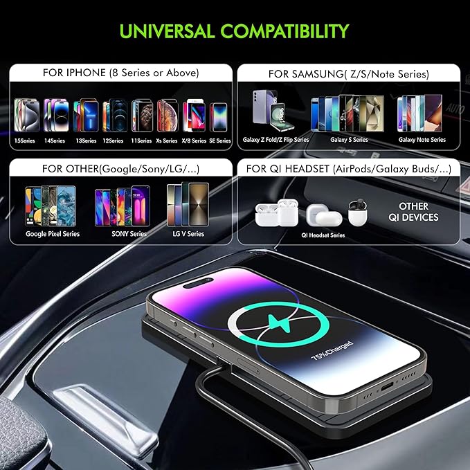 Wireless Car Charger Pad, LANSEMKU 15W Fast Car Wireless Charging Pad for Car Center Console DIY Trim-to-Fit, No Interior Damage,for iPhone 16 15 14 13 12 Pro Max, Samsung S23 S22 (100cm Cable)