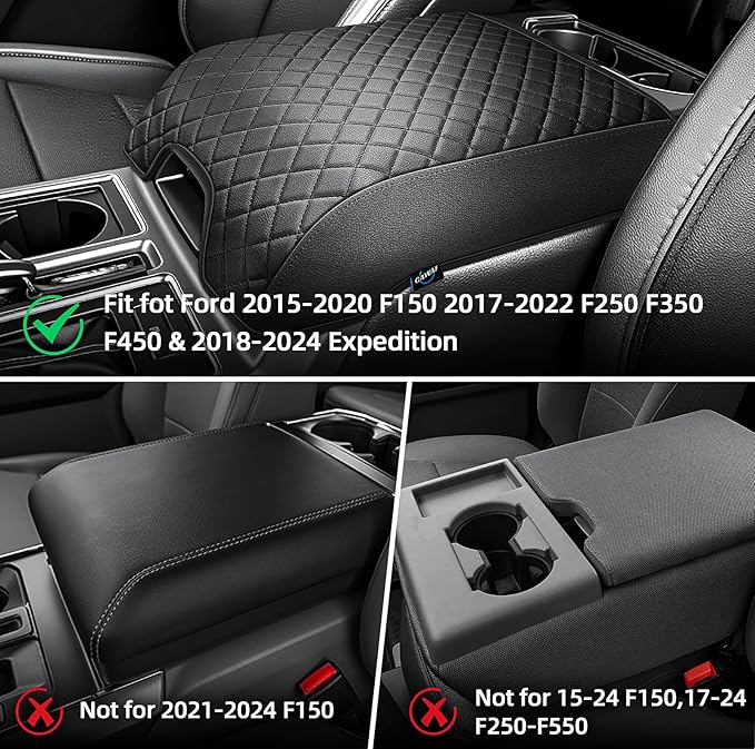 Center Console Cover Compatible with 2015-2020 Ford F150, 2017-2022 F250 F350 F450, 2018-2024 Expedition, Leather Armrest Cover Center Console Cushion with Hidden Pocket (Bucket Seat Only)