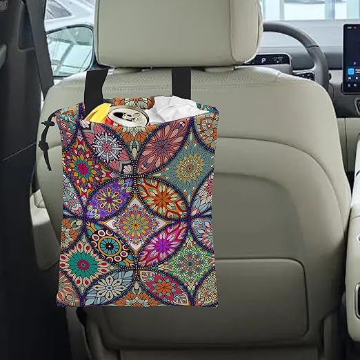 ghatobty Car Trash Bag Hanging Mandala Flower Car Trash Can Waterproof Garbage Bag Hanging for Car Back Seat