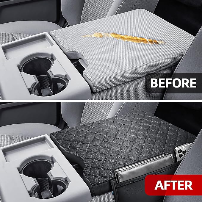 Center Console Cover Compatible with 2015-2025 Ford F150,2017-2025 F250 F350 F450 with 40/20/40 Jump Seat Armrest Accessories, Leather Armrest Cover with 2 Side Pockets Black (Only Jump Seat)