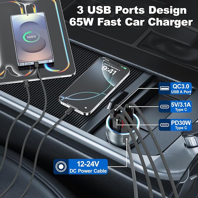 Starlink Mini Cable 10FT, OKRAY 4-in-1 Starlink Mini Car Adapter to DC Power Cable, 65W 3-Port Fast Charging USB-C PD30W+USB-A QC3.0 Car Charger 12V-24V Cigarette Lighter Adapter with Digital Display