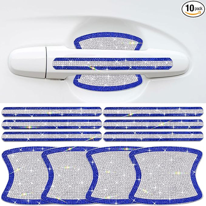 Gengki 10PCS Car Door Handle Bling Rhinestones Stickers, Gray Universal Auto Door Handle Safety Reflective Strips Blue White