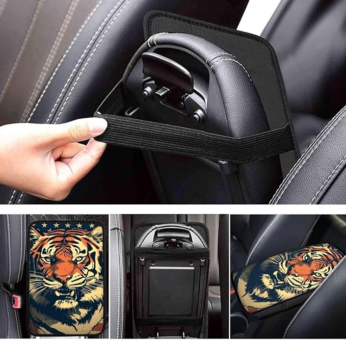 Car Center Console Pad, Universal Waterproof Car Armrest Seat Box Cover, Car Interior Accessories for Most Vehicle SUV Truck Vintage American Flag Tiger Car Armrest Pad