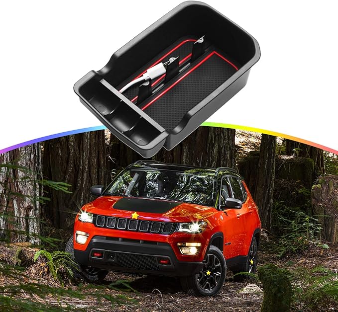 SKTU Compatible with 2017-2020 Jeep Compass Center Console Storage Box Organizer Container Armrest Insert Organizer ABS Tray Pallet with USB Hole and Coin Holder (Red)
