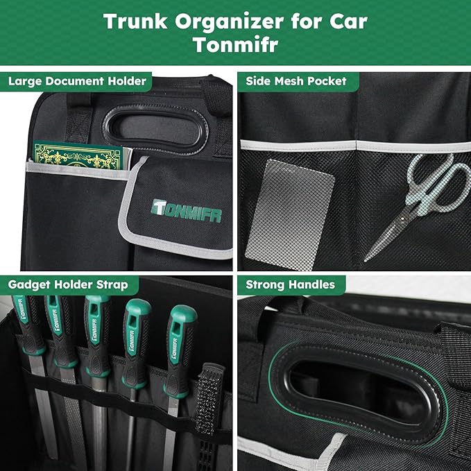 Tonmifr Heavy-Duty Trunk Organizer & Multi-Compartment Storage Box for SUV/Sedan/Minivan,600D Waterproof Oxford,2 Securing Hooks & Reflective Strips-Large Capacity Organiser(92L)